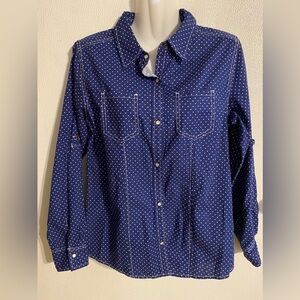 Schmidt Workwear size S Fit For Her blue polka dot pearl snap long sleeve shirt